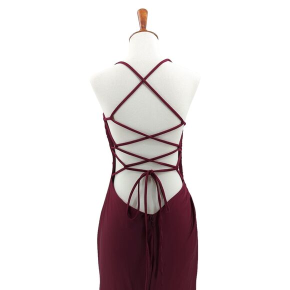 La Femme Women 10 Gown Dress Dark Berry Red 29710 Jersey Square Neck Slit Ruched - Picture 6 of 11